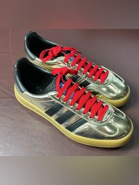 adidas Gold Metallic Sneakers with Red Laces and Black Stripes